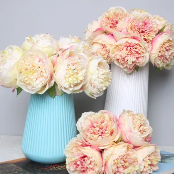 

3 sets 5pc Big Peony Artifcial Silk Flower Wedding Bouquet Decor White Peony Home Display Fake Flower Pack Heart Peony Pink Rose