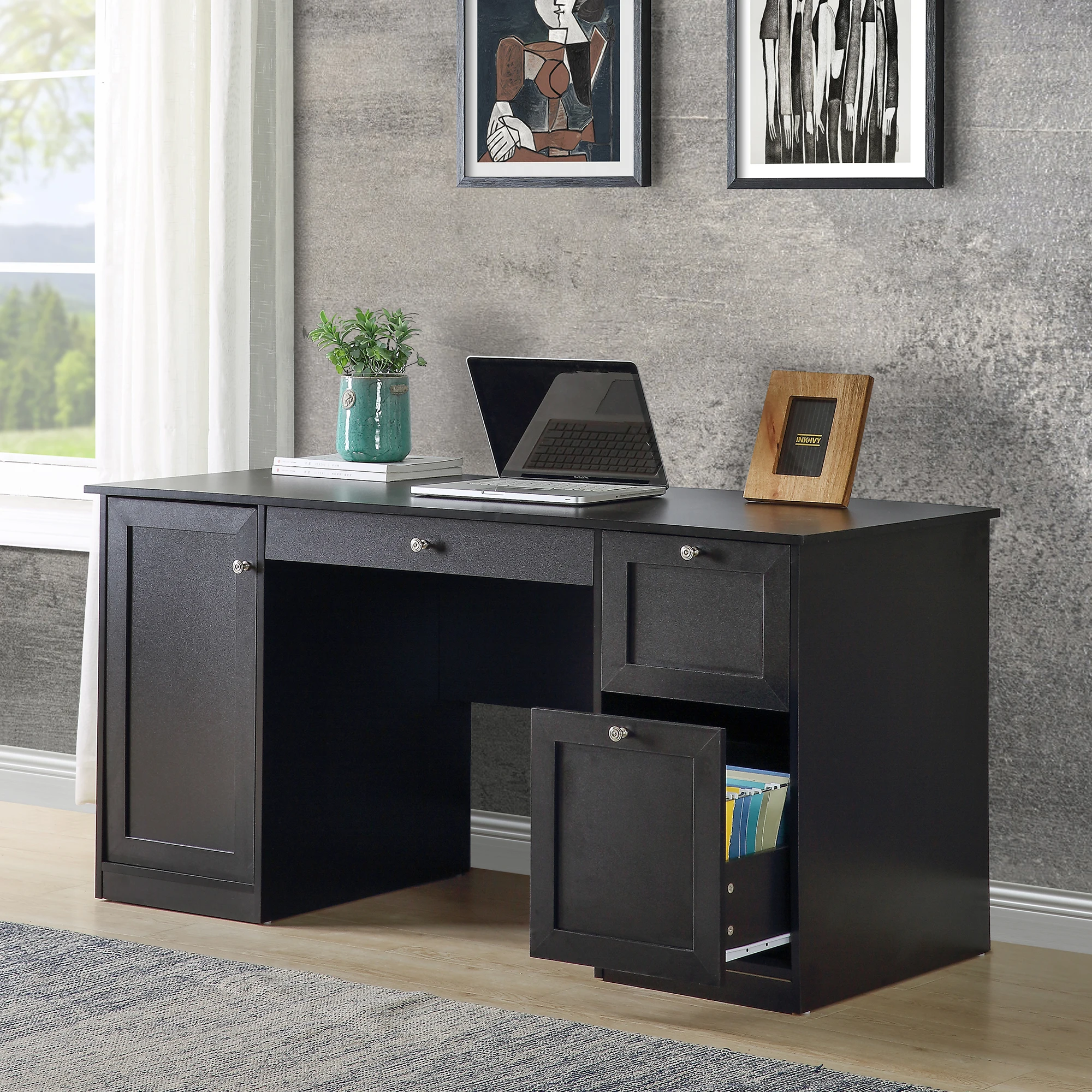

Home Office Computer Desk with 2 Drawers Pullout Keyboard Storage cabinet
