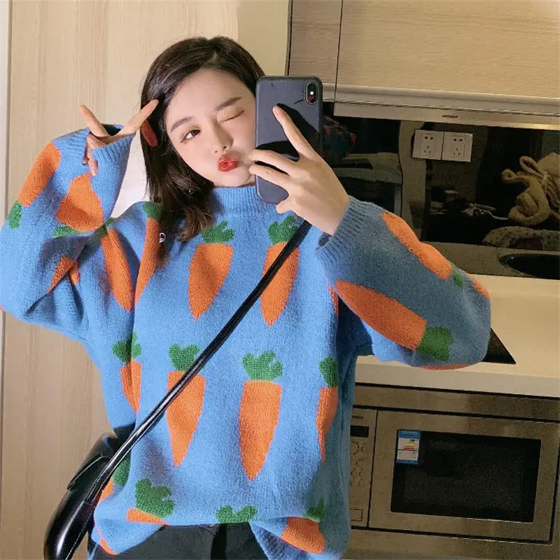 Goede Vrouwen Gezellige Wortel Print Trui Leuke Cartoon Ronde Hals Lange Mouwen Oversized Trui Jumper Herfst Winter Gebreide Tops