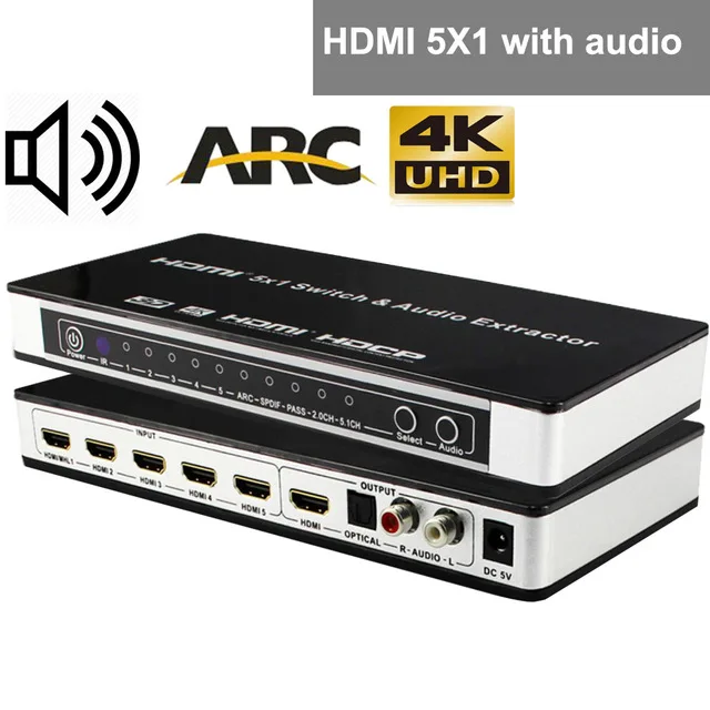 4K HDMI коммутатор 5x1 с аудио HDMI 1,4 HDMI аудио экстрактор 4K x 2K 3D ARC аудио цифровой toslink HDMI переключатель - Цвет: HDMI 5X1 with audio