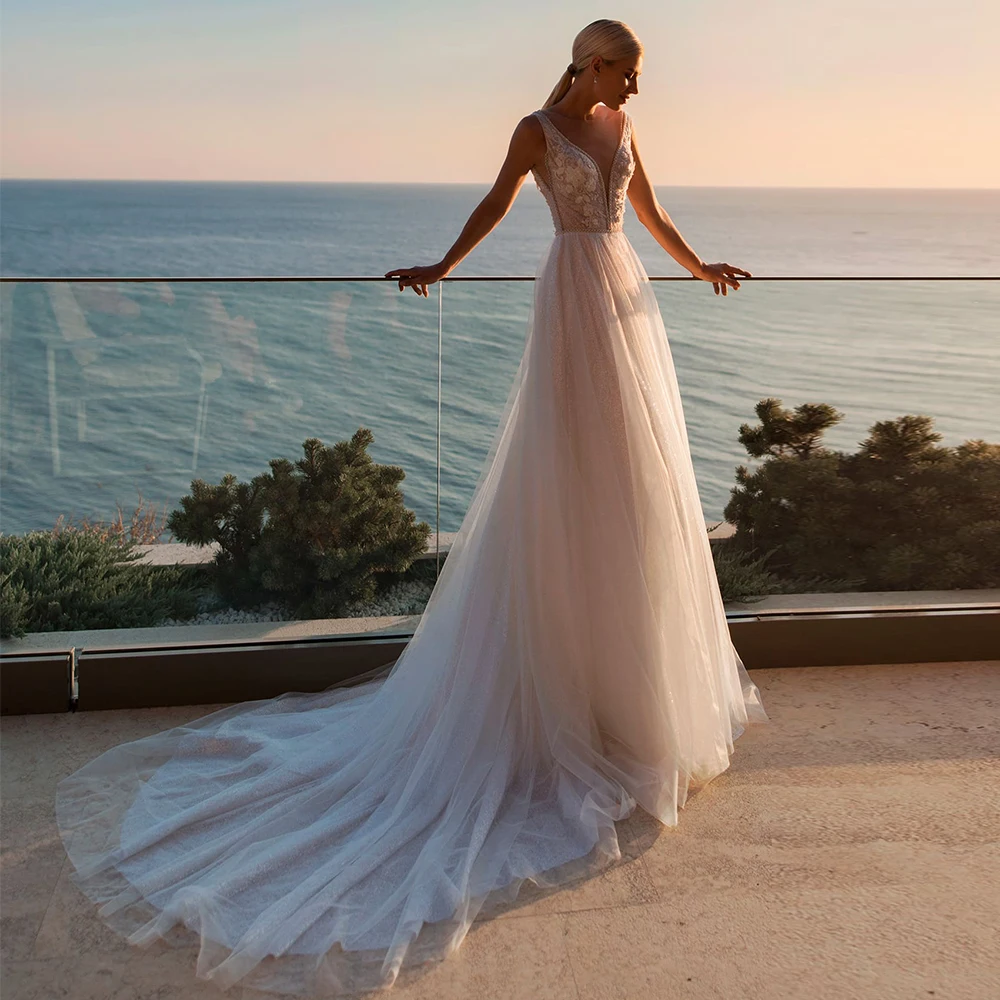 

Romantic Tulle Wedding Gowm s2020 Simple O-neck Sleeveless Sweep Train A Line Wedding Dresses with Applique Vestido de Novia