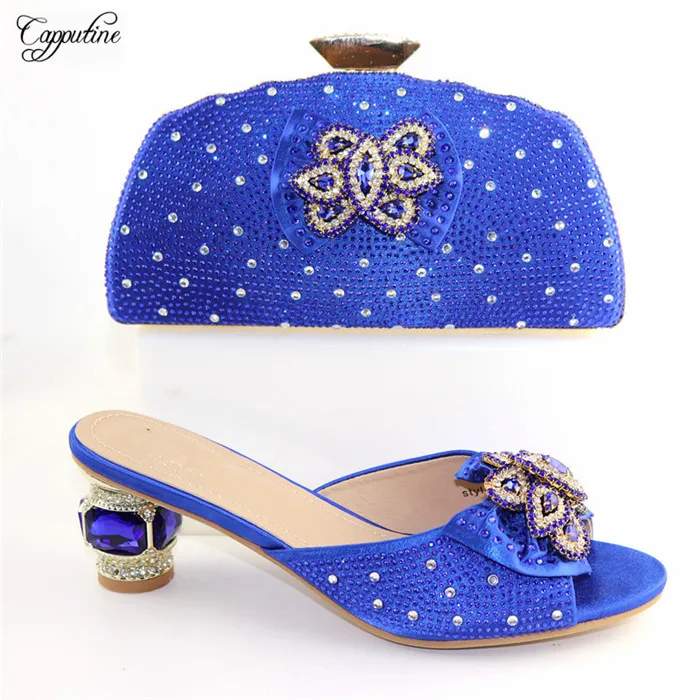 

Hot sale royal blue slipper shoes and evening bag sets with stones for party CR168, heel height 6.5cm