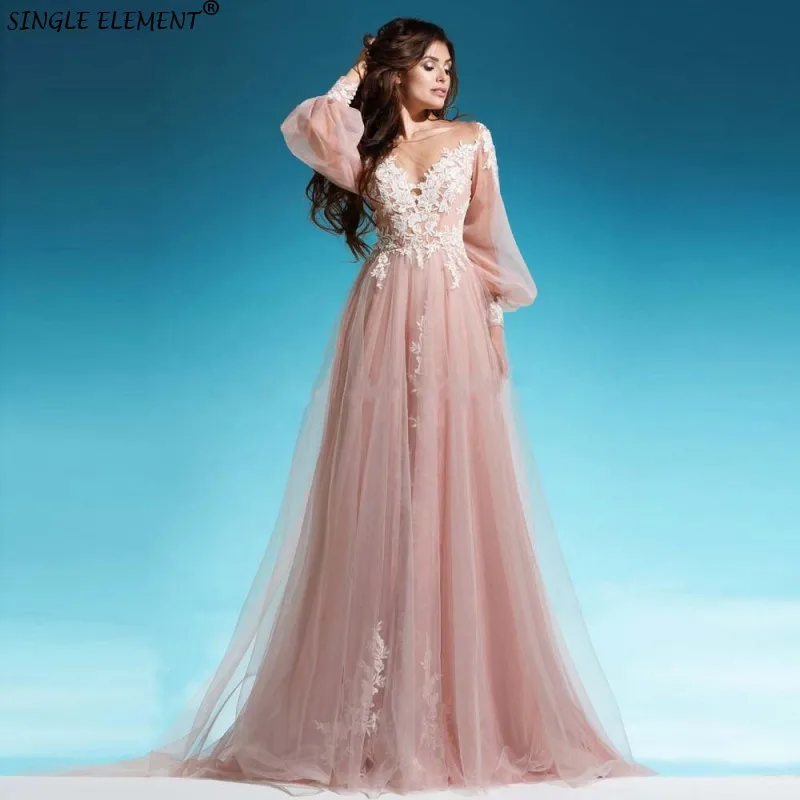 

New Arrival Long Sleeve Tulle Champagne Applique Lace Bohemian Country Wedding Dresses Discount 2019