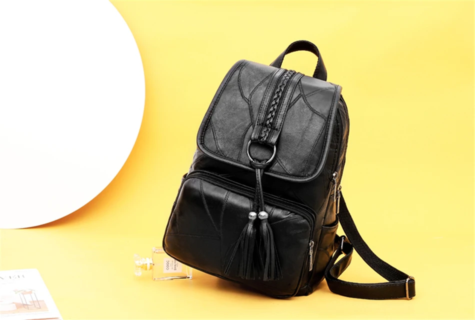 Элегантные женские рюкзаки из мягкой кожи с кисточками, Mochila Feminina, школьные рюкзаки для девочек, большой емкости, черный рюкзак для путешествий