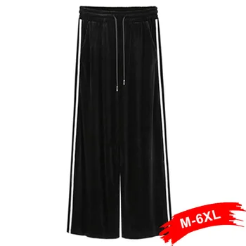 

Plus Size Elastic Waist Side Stripe Velvet Pants 4XL 5XL 6XL Wide Leg Pant Large Size Black Sweatpants Loose Casual Trousers