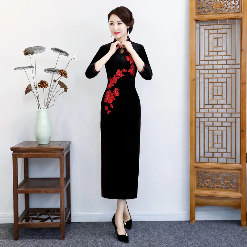 Autumn Winter New Sexy Velour Qipao Elegant Women Chinese Handmade Button Slim Cheongsam Vintage Embroidery Evening Dress | Тематическая