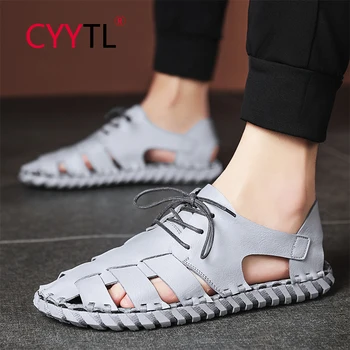 

CYYTL Fashion Outdoor Leisure Hand Stitched Sandals Mesh Shoes Plus Size Leather Lace-up Closed Toe Shoes Platform Slippers