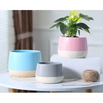 

Modern Flower Pot Wood Grain Base Ceramic Pots For Plants Creative Decorative Flower Pots Container Home Garden Decoration
