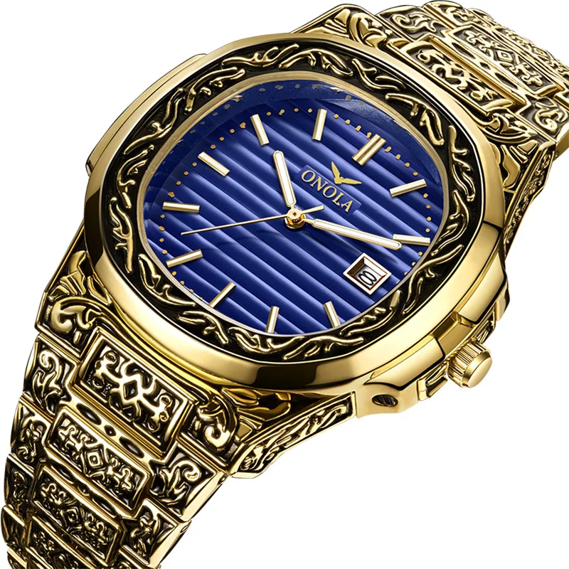 Мужские кварцевые часы, стальные Водонепроницаемые Ретро часы с гравировкой, браслет на ремешке с застежкой-бабочкой, мужские деловые часы, мужские часы