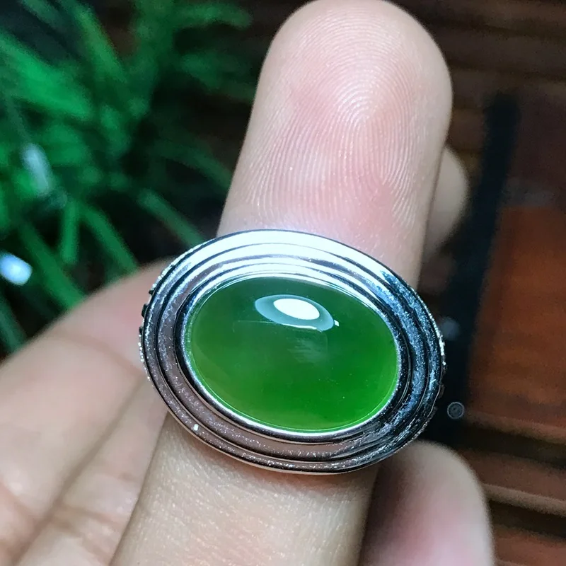 

Glorious Men Ring 925 Sterling Seiko Inlaid Condition Good Natural Hetian Jade Large Particles