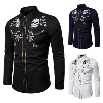 

Men Embroidered Shirt West Style A Skull Head Rose Embroidery Long Sleeve Shirt Casual