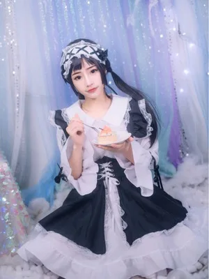 Костюм Харадзюку платье горничной лолиты Kawaii боди с длинными рукавами Черный обтягивающий винтажный белый японский милый девушка косплей платья Милое милое черно-белое платье для косплея в стиле Лолиты в готическом - Цвет: Слоновая кость