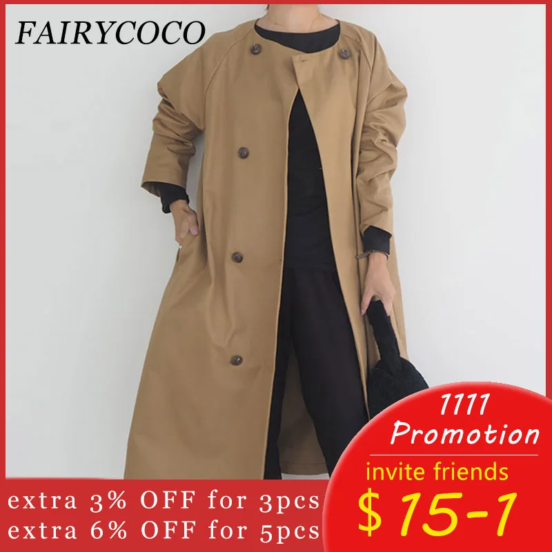 

Elegant Trench Coat Women Autumn Spring Solid Khaki Double Breasted Korean Office Ladies Long Coats Rerto Windbreaker Outwear