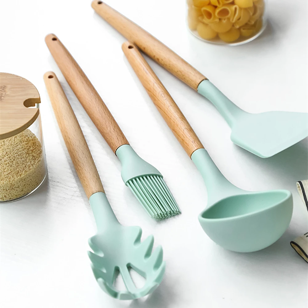 911PCS Silicone Cooking Utensils Set Non-stick Spatula Shovel Wooden Handle Cooking Tools Set With Storage Box Kitchen Tools (4)