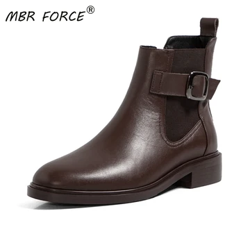 

MBR FORCE Winter Metal Buckle Ankle Boots Ladies Punk Ladies Platform Boots Low Heel Leather Ladies Boots Botas Mujer Plus Size