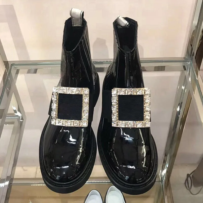 Plus Size 34-40 Women Ankle Boots Punk Crystal Buckle Western Boots Shoes Woman Fashion Patent Leather Ladies Motorcycle Boots (9)