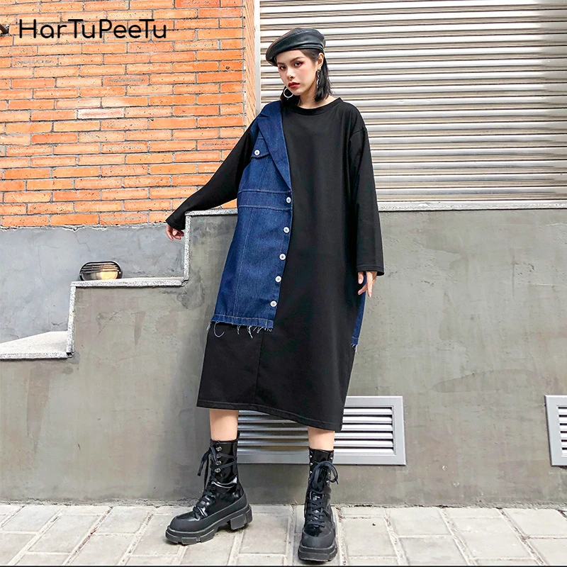 

Denim Patchwork T Shirt Dress Women Plus Size Long Sleeve 2020 Spring Summer a Line Buttons Decorate Casual Loose Fit Vestidos