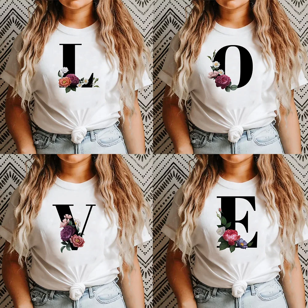 

Fashion Flowers Alphabet Women Summer Tshirt Tees Matching Look Short Sleeve Harajuku Graphic Printed T Shirts Korean Style Tops
