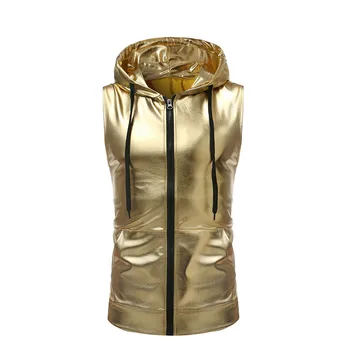 

2019 Men's Gold Black Silver Color Drawstring Zip Tank Tops Casual Men Bright Sleeveless Loose Vest for Male Party M-2XL