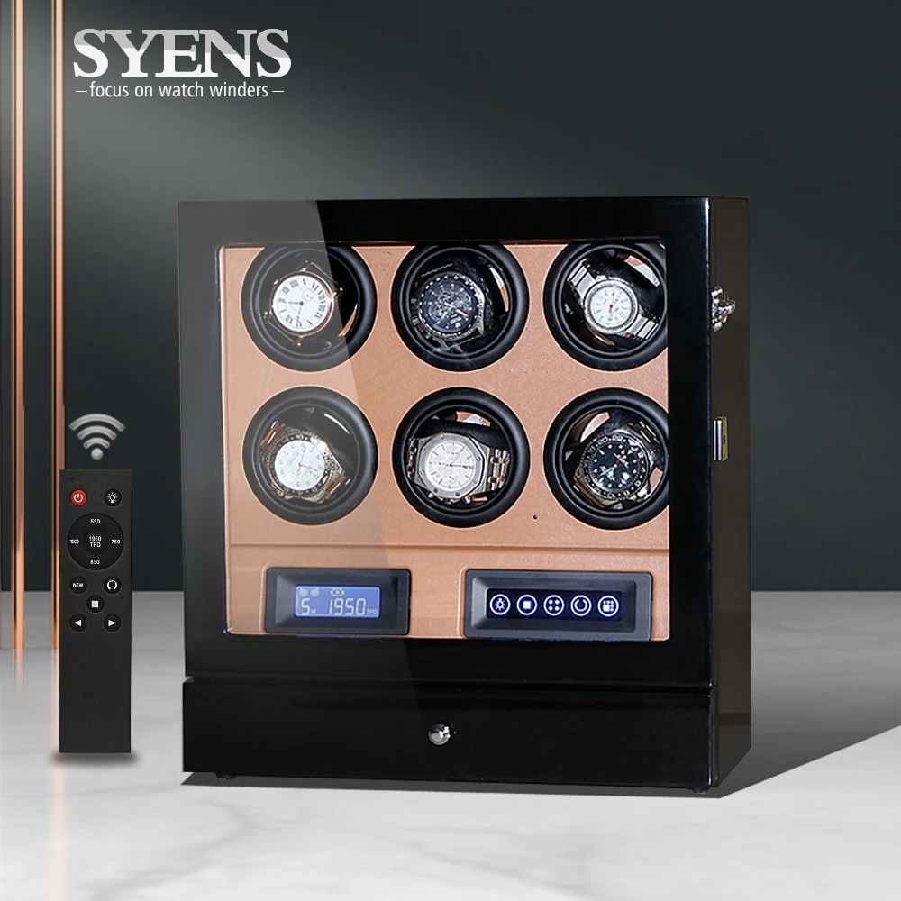 

Watch winder rotation 6 automatic watch winding box with LCD control and TPD mode watchwinder Made by Black gloss w Brown PU