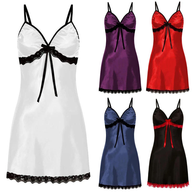 Sexy Sleepwear Women Lace Silk Satin Night Dress Sleeveless Nighties V-neck Nightgown Plus Size 3XL Nightdress Summer Nightwear