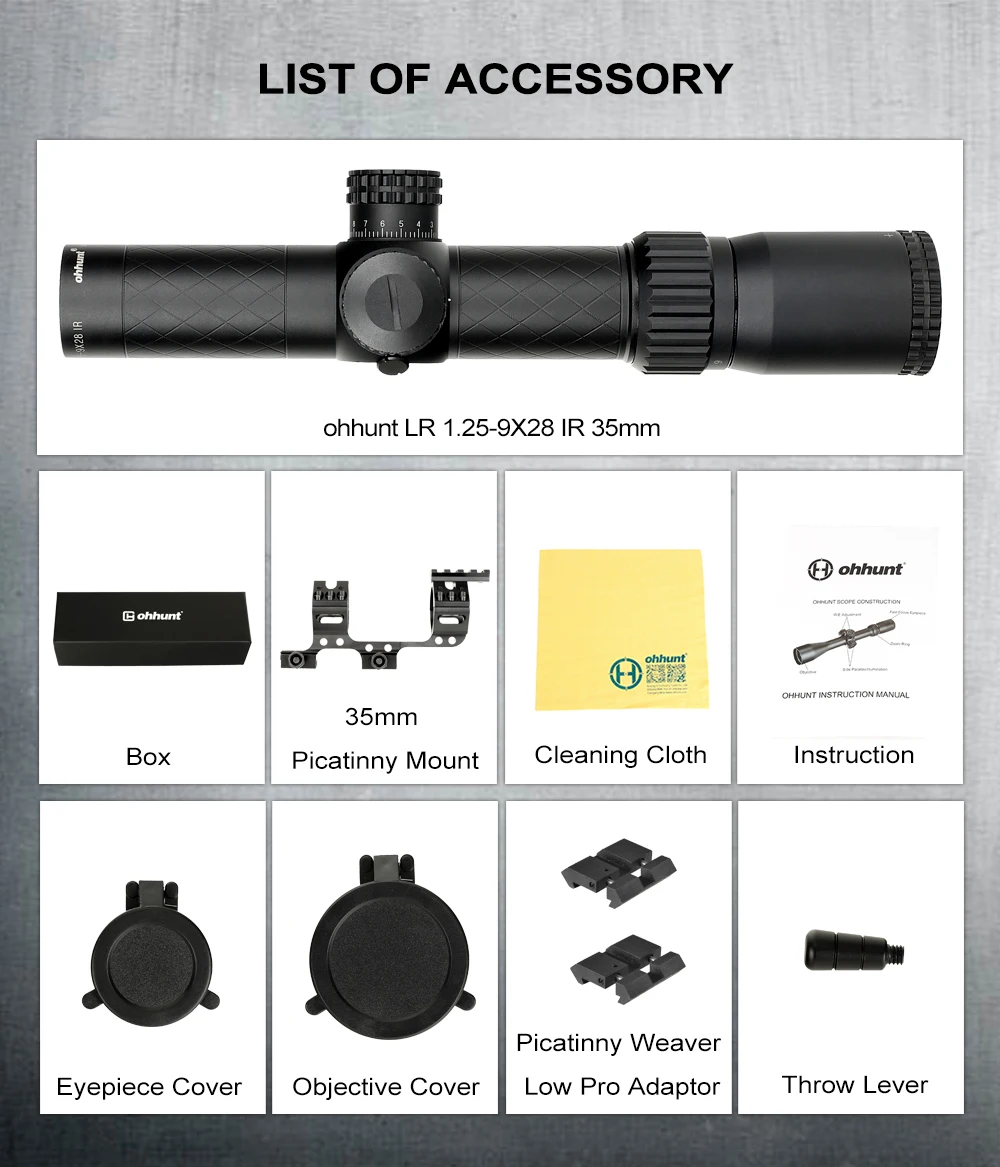 Ohhunt оптика LR 1,25-9X28 IR Compat Riflescope башенки замок сброс стекло гравированная сетка с красной подсветкой 35 мм трубка охотничий прицел