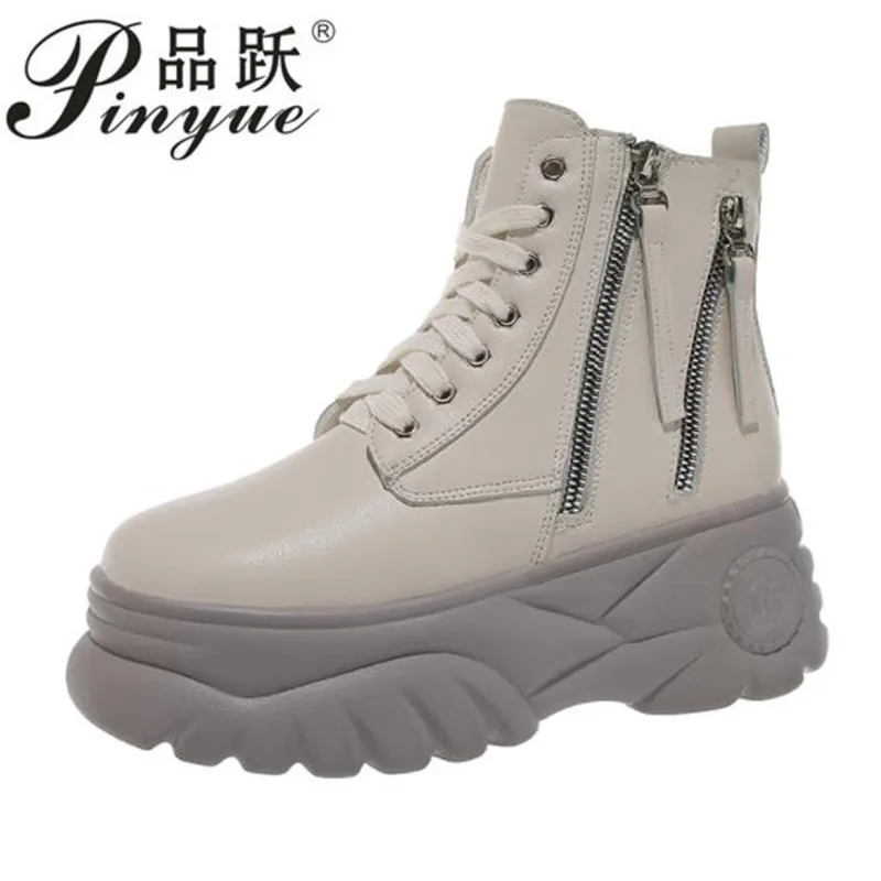 Белый Women Ankle Boots Platforms Shoes Woman 7CM High Heels Thick Bottom Zipper Boots High Top Sneakers 34-39 - Цвет: Белый