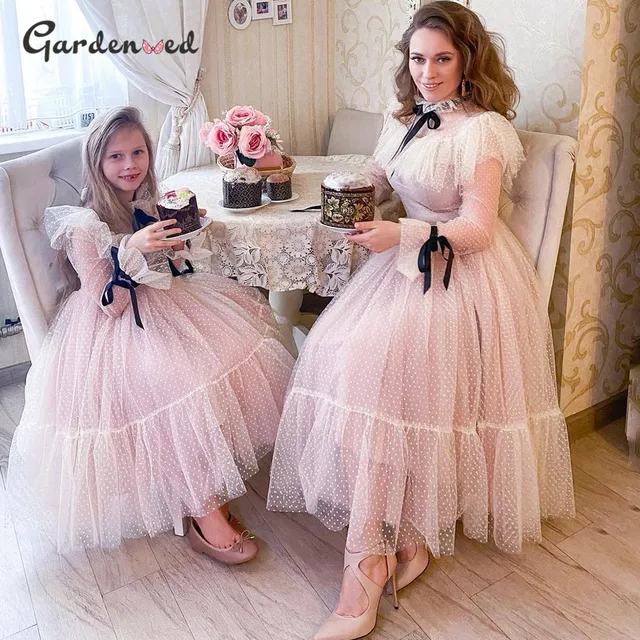 Polka-dot Tulle Flower Girl Dresses Illusion Long Sleeves Girl Wedding Party Dress Ribbons Communion Dress Birthday New Year Pink Mother Daught