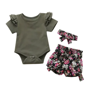 

Newborn Baby Girls Kid Clothes Sets 3pcs Romper Tops Flower Print Pants Headband Cotton Clothes 0-24M
