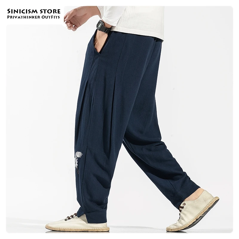 Sinicism Store Мужские Винтажные широкие брюки в китайском стиле, мужские свободные брюки с вышивкой больших размеров, мужские осенние новые шаровары