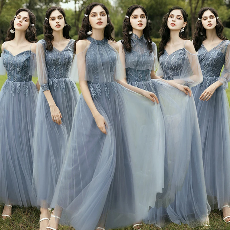 Bridesmaid dress blue long evening dress 2020 autumn winter fairy dress was thin bridesmaid evening dress women chorus costume