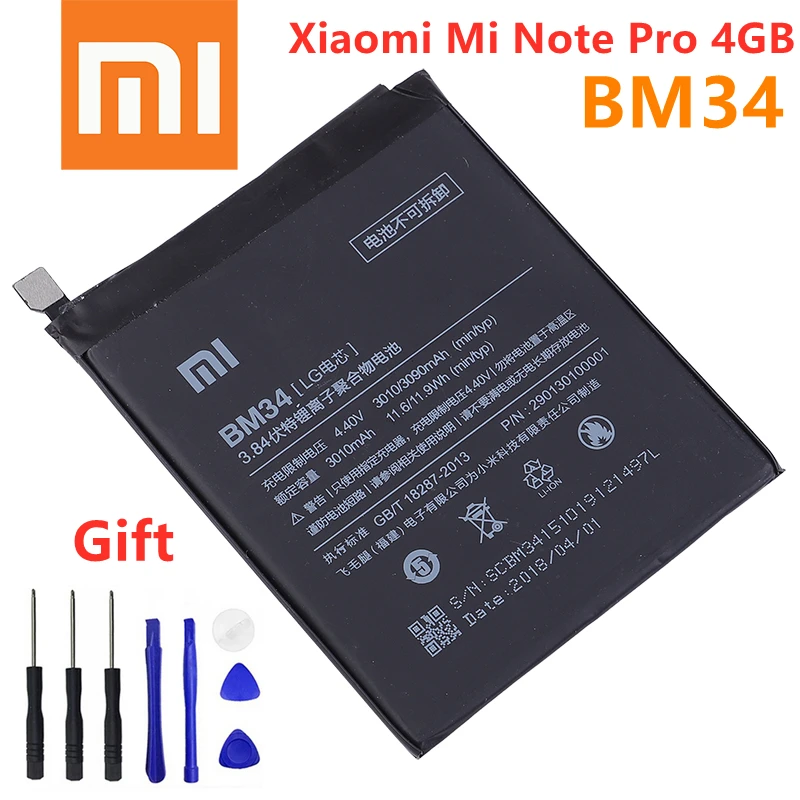 Аккумулятор BM34 для Xiaomi Mi Note Pro 4 Гб ОЗУ 100% мАч сменный аккумулятор с реальной
