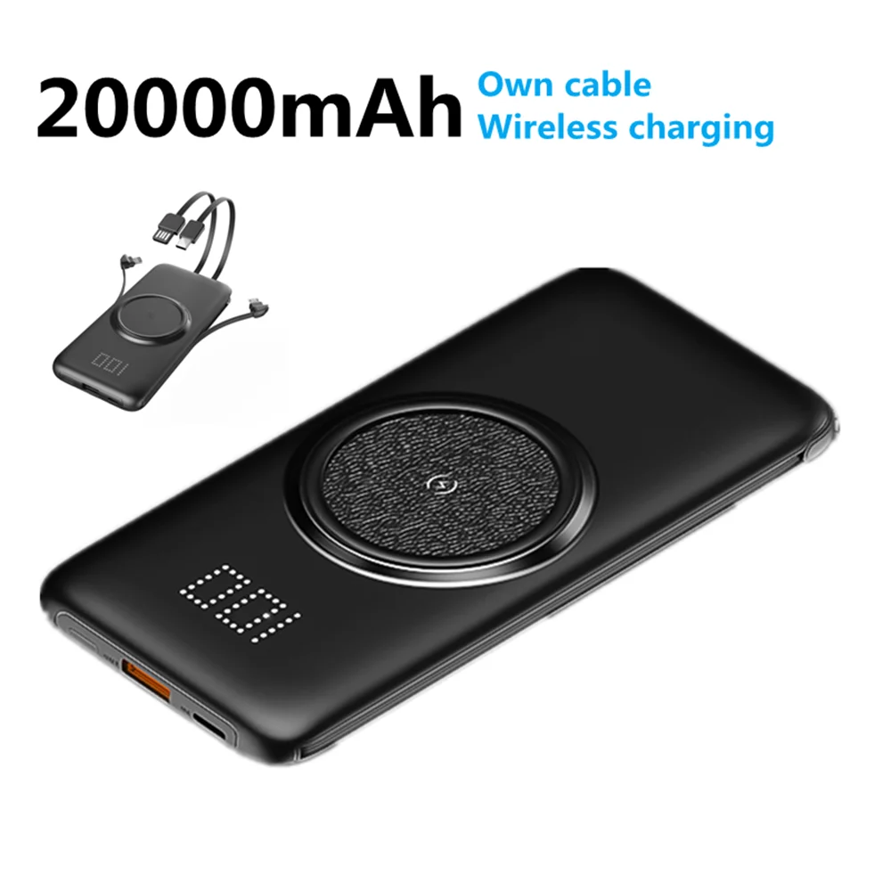 Banco de energía inalámbrico de 20000mAh, cargador de batería auxiliar de teléfono móvil portátil con Cable incorporado para Xiaomi, Huawei, iphone y Samsung