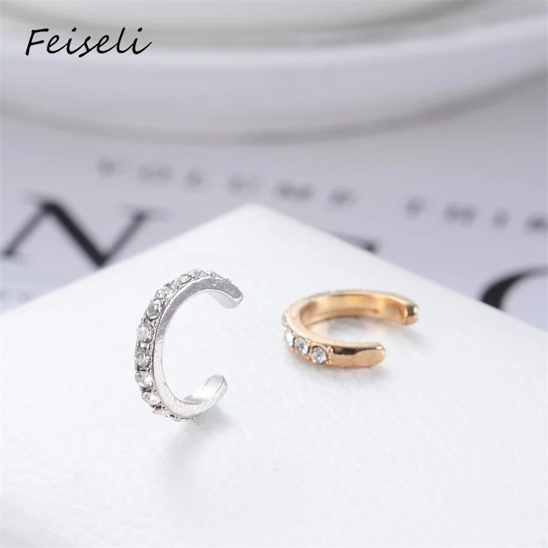 Feiseli, 1 шт., u-образные открытые Кристальные серьги-клипсы для женщин, круглые металлические Свадебные серебряные золотые медные серьги, ювелирное изделие