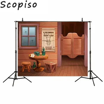 

Scopiso backdrop for photographic studio west cowboy wood tavern door cartoon kids background photobooth printed decoration Prop