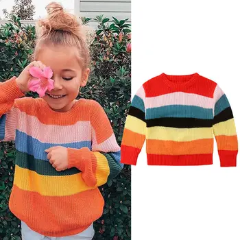 

Autumn Winter Sweet Pretty Toddler Baby Girls Sweater Long Sleeve Rainbow Striped Pullover Knit Sweater Tops Outfit 1-6Y