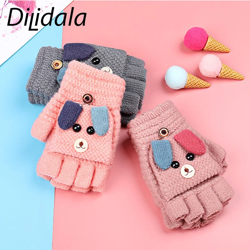 Dilidala/Детские перчатки с рисунком щенка; зимние детские милые бархатные теплые толстые вязаные детские перчатки для студентов