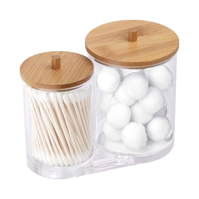 Swab Storage Bamboo Cover Acrylic Round Container Cotton Puff Storage Box Makeup Remover Box Makeup Storage Organizer