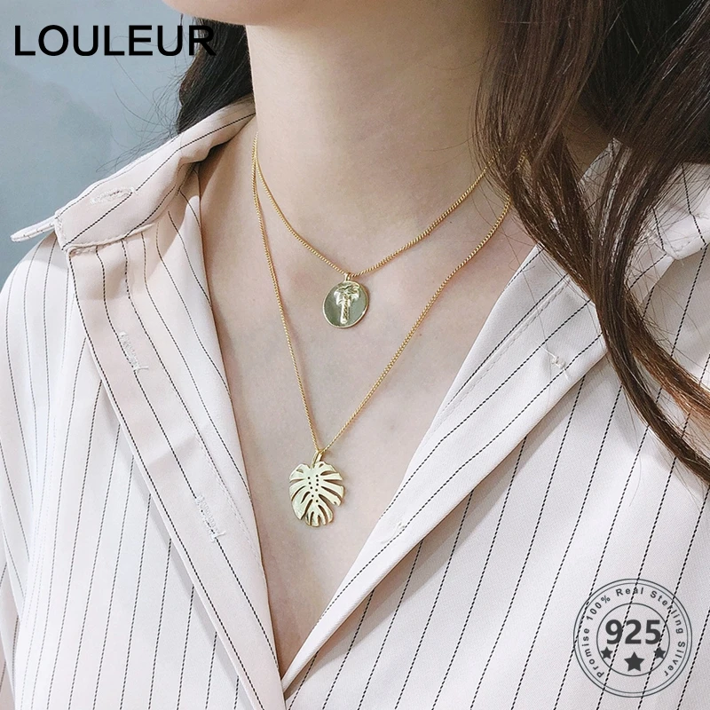 

Louleur 925 Sterling Silver Double Chain Necklaces Original Design Coconut Tree Turtle Leaf Gold Necklace For Women Fine Fewelry