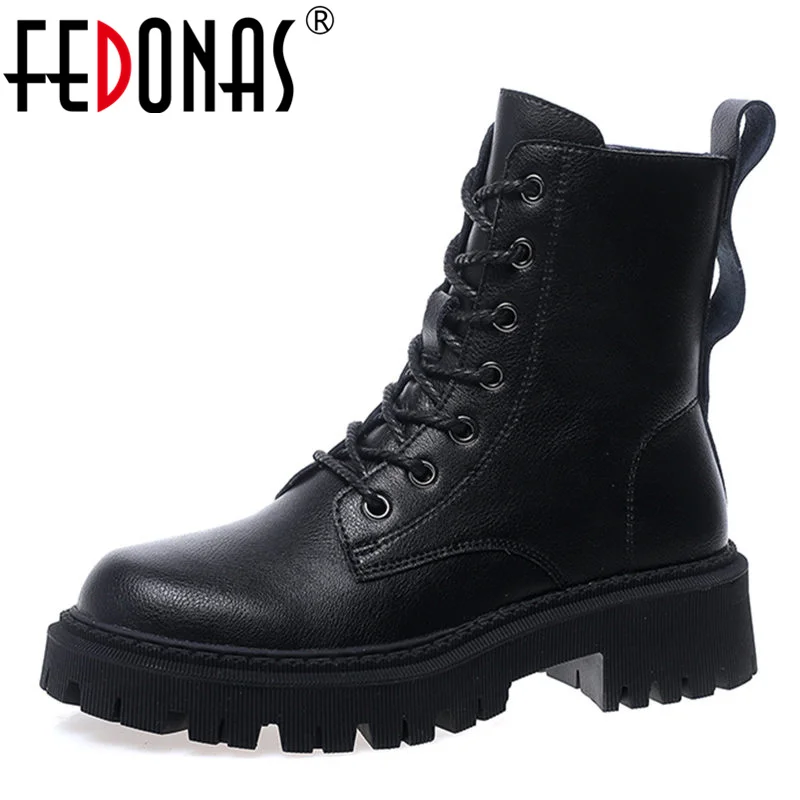 Motorcycle-Boots Zipper-Shoes Chunky Heels FEDONAS Genuine-Leather Women Fashion Ankle