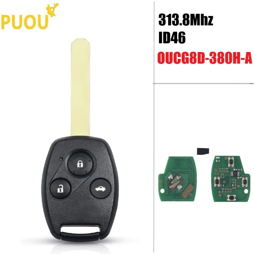 

3 button Remote Key Fob 313.8Mhz ID46 Chip for Honda Accord Civic 2003 2004 2005 2006 2007 OUCG8D-380H-A