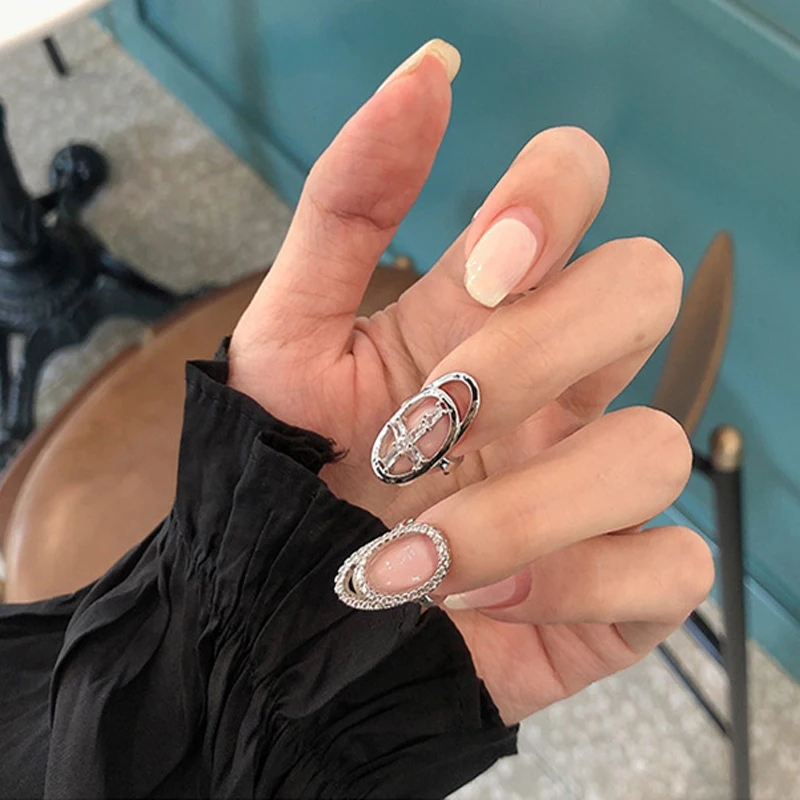 

1pcs Ladies Metal Cross Round Hao Stone Frame Rhinestone Inlaid Finger Nails Shiny Armor Ring Nail Art Decorations nail jewelry