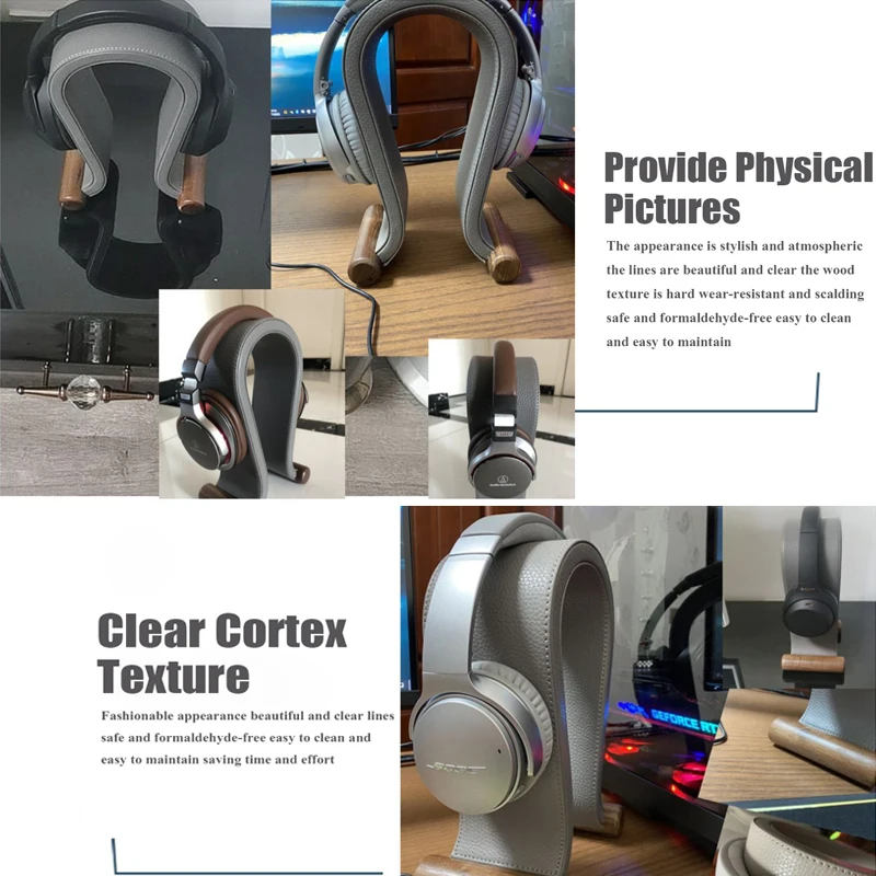 Universal Gaming Headset Stand PU Leather+Wood Headphone Holder Desk Display Shelf for Wired/Wireless Headphones Space Saving