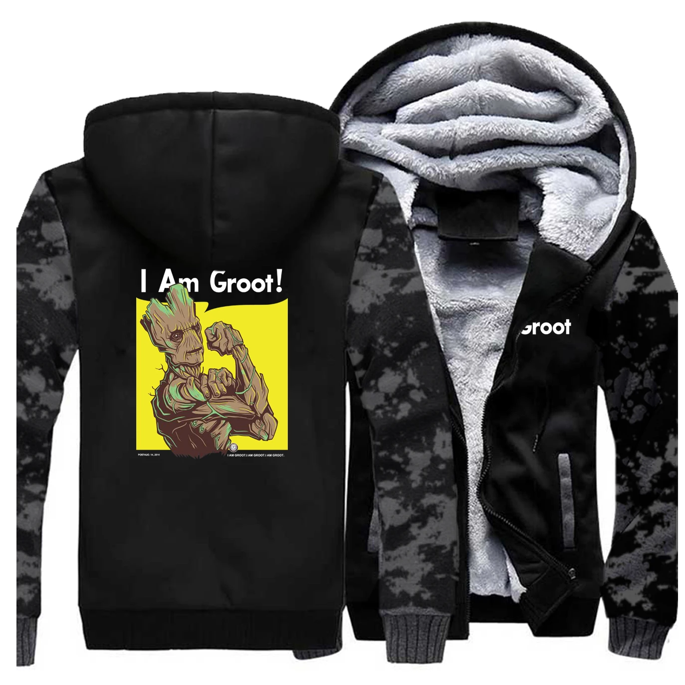 Толстовка с капюшоном и принтом i'm groot, двухсторонняя, с рисунком, мужская, одноцветная, реглан, тренд, пушистый флис, толстовка,, зимнее пальто на молнии