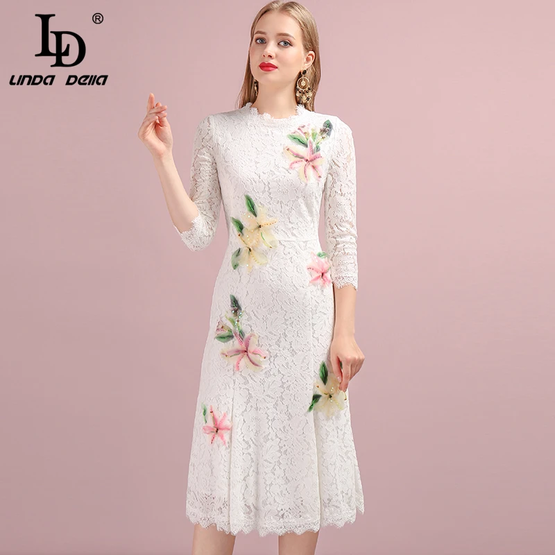 

LD LINDA DELLA Autumn Women Dress Runway Fashion Designer Three Quarter Sleeve Gorgeous Lace Appliques Slim Mermaid Ladys Dress