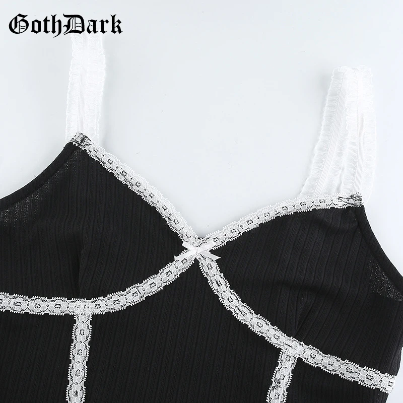 Goth Dark Sweet E-girl Black Camis Bodycon Lace Patchwork Ruffles Floral Strap Crop Tops Sexy Deep V-neck Backless Women Wear