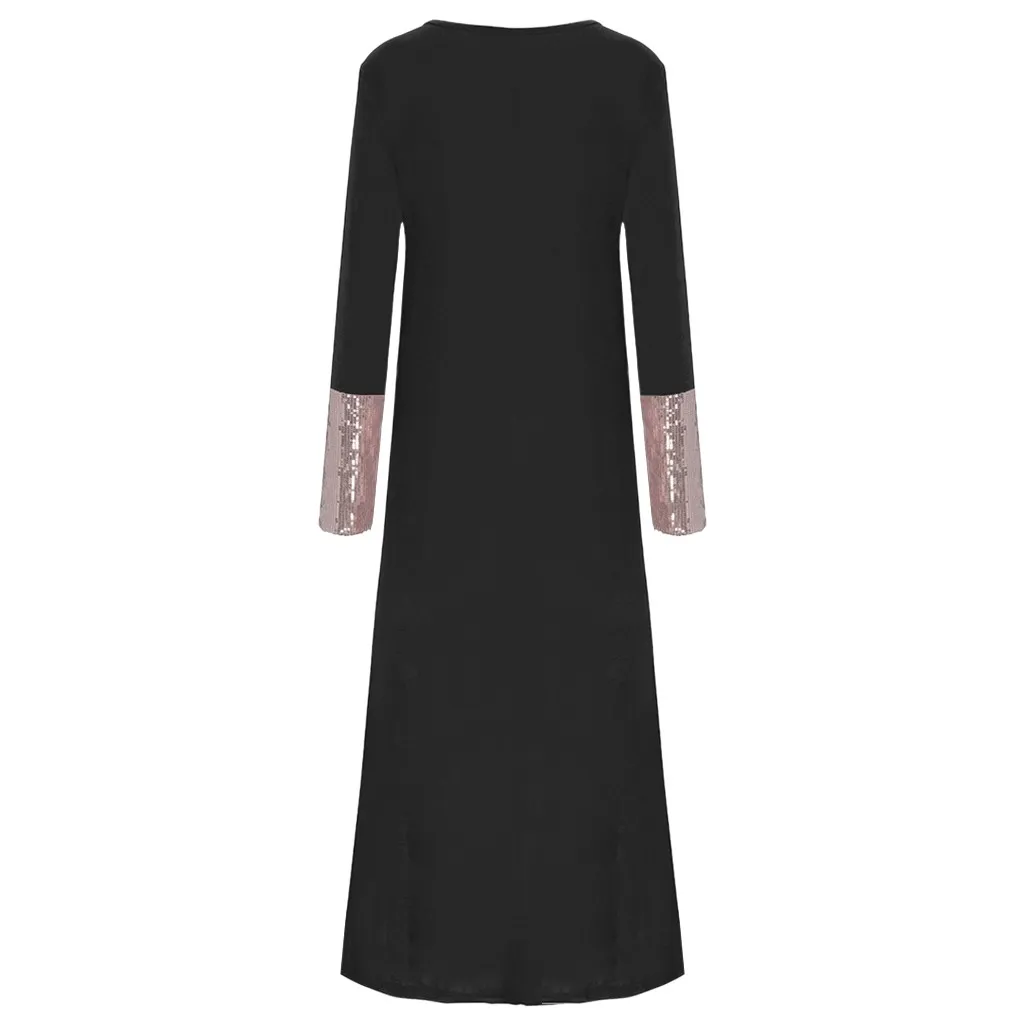 Женское платье с круглым вырезом, с длинным рукавом, с блестками, с лоскутным рукавом, мусульманское длинное платье, платья для вечеринок, Vestidos de fiesta - Цвет: Black