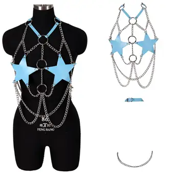 

Goth Leather Chain Lingerie Harness Pentagram Crop Tops Sexy Caged Dance Costume Women Body Bondage Waist Bra Adjustable Belt