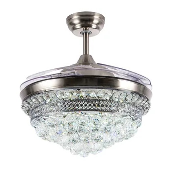 

42 Inch Invisible Crystal Ceiling Fan with LED Light and Remote, 4 Retractable ABS Blades Fan Chandelier for Bedroom Diningroom