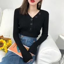 Autumn Knitted Black Sweater Women Casual Pure Bottoming Sweaters Women Button V-Neck Long Sleeve Pullover